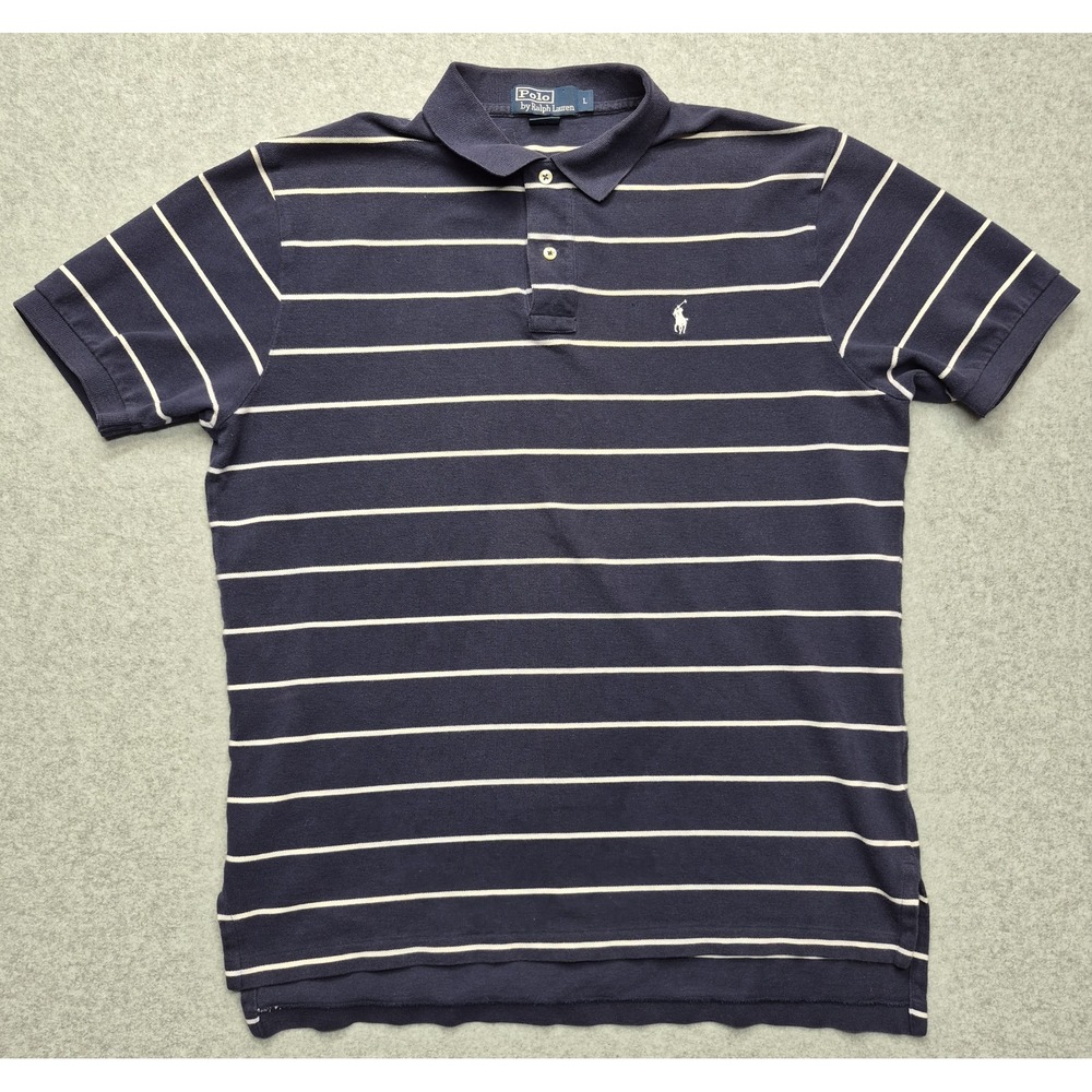 Vintage Polo Ralph Lauren Shirt Mens L Blue White Striped Short Sleeve Pony Logo